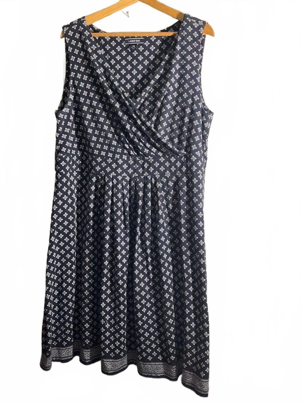 Lands' End Navy Blue Sleeveless Dress with White Pattern Size 2X